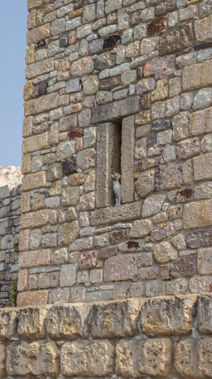 A stone wall with a window in it